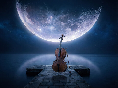 Cello Instrument Standing on Stone Pier Under Giant Full Moon