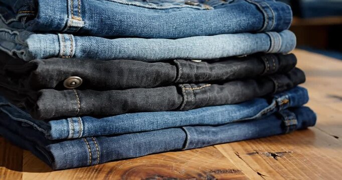 A neatly stacked arrangement of various denim jeans on a rustic wooden table in a cozy setting