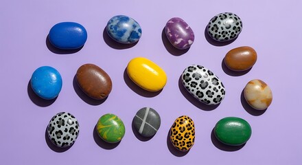 Assortment of colorful, smooth, oval-shaped objects on a purple background, top-down view
