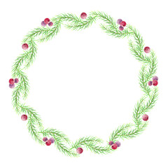 Fototapeta premium Wreath of green spruce branches with red berries. Watercolor.
