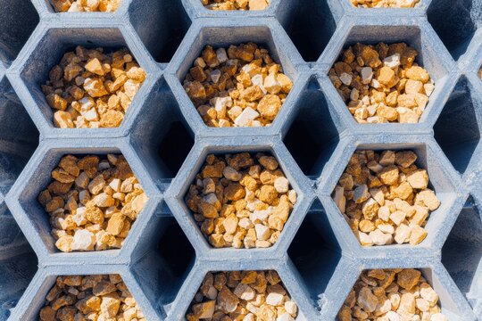 Cellular Confinement System filled with Natural Stones for Soil Stabilization on Construction Site, Industrial Geocell Grid for Erosion Control and Civil Engineering
