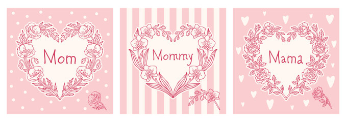 Hand-drawn vector Mother's Day card set with floral heart frames. Line art design featuring roses, orchids, and poppies. Elegant botanical compositions for greeting cards, invitations, print design © Irina Khovanskaya