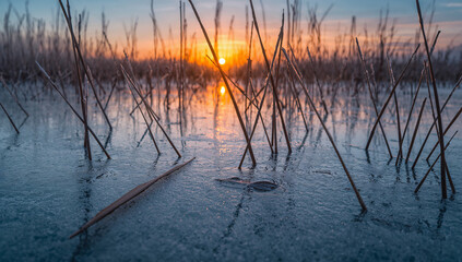 霜をまとう湿原で朝日が薄氷と葦をやわらかく照らす