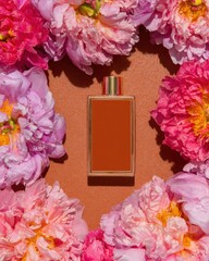 Obraz premium Elegant Perfume Bottle Mockup Surrounded by Pink Peony Flowers on Mocha Brown Background for Luxury Beauty Branding and Summer Fragrance Advertising