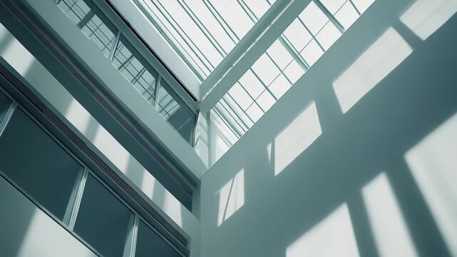 Modern architectural design featuring a transparent roof casting striking geometric light and shadow patterns across interior walls and surfaces, creating an abstract and minimalist composition