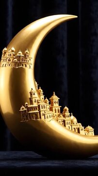Golden crescent moon sculpture with an ornate city, elegantly displayed.