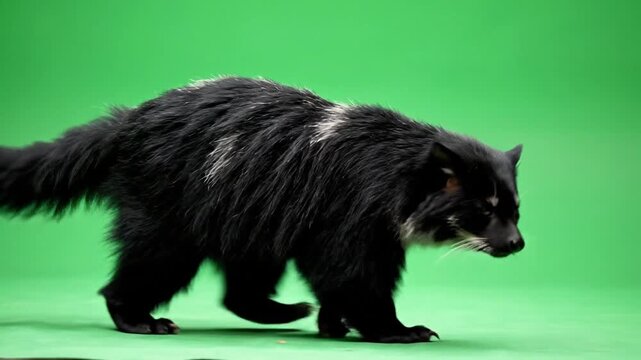 A black binturong, also known as a bearcat, walks across a vibrant green screen studio background.