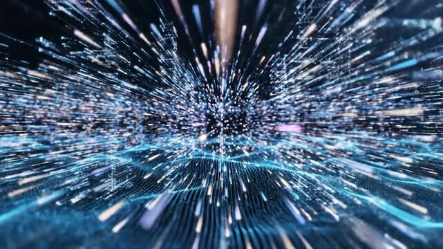 Abstract digital wave surface with glowing particles and light streaks