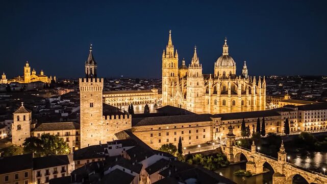 Historic European city illuminated at night, showcasing ancient architecture