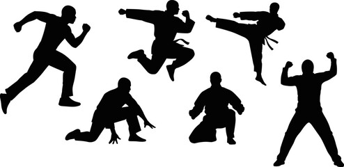 Martial arts silhouette collection, karate fighters kicking jumping posing isolated on white background, combat training, active men, dynamic action illustration set © Hello World