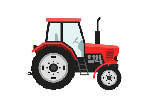 Red tractor illustration on a plain background viewed from the front side showcasing agricultural machinery