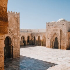 Fototapeta premium Ancient Islamic Architecture Featuring Arched Gates and Wide Stone Courtyard in a Traditional Religious Square for Travel and Cultural Heritage Background