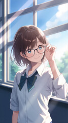 Fototapeta premium High school girl with glasses standing by classroom window in soft sunlight 、教室の窓辺でメガネに手を添えるセーラー服の女子高生 初夏の爽やかな自然光イラスト 