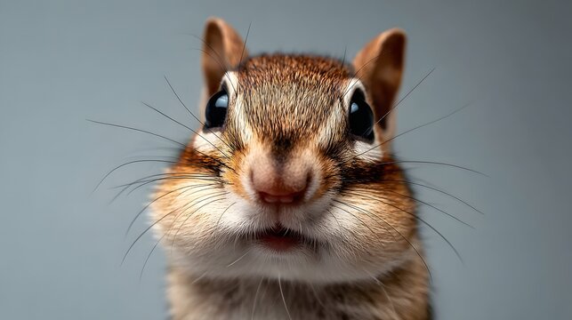 Close-up portrait of a cute chipmunk with full cheeks looking directly at the camera against a plain background.