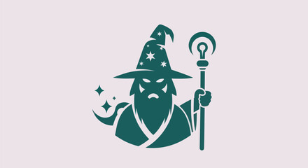 Green wizard logo with magic staff and stars © Yoamn