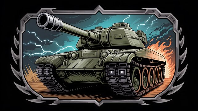 Green military tank with flames and lightning storm background