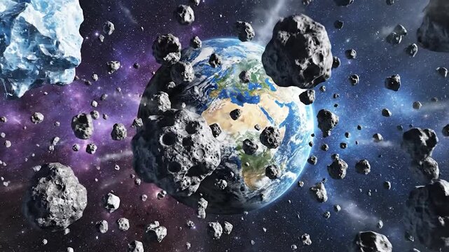 Numerous asteroids and meteoroids orbit Earth in a vast cosmic background