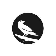 Obraz premium White Raven or Crow Bird Silhouette Logo Perched on Branch in Black Circle Minimalist Graphic