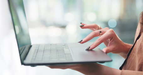 Employee, scroll and hands with laptop, office and email marketing on web and copywriting with...