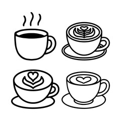 Obraz premium Various coffee cups with different designs and steam, vector illustration, simple black lines on transparent background from a front view