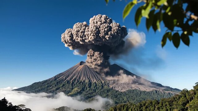 Volcanic eruption with smoke plume.