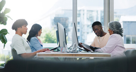 Meeting, computer and team with business people in office for it analysis, data solution or...