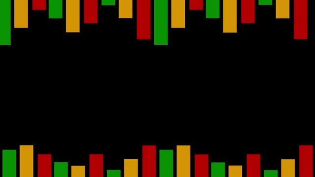 Looping animation of red yellow and green equalizer bars pulsing on a dark background with generous copy space, inspired by Juneteenth Freedom Day, Black History Month and vibrant musical celebration.