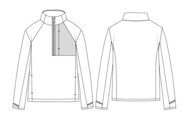 Athletic Quarter Zip Pullover Technical Fashion Illustration with Raglan Sleeves.  Performance Activewear Long Sleeve Top Flat Sketch. Men’s Sportswear Half-Zip Mock Neck Sweatshirt Technical CAD. © Abdullah