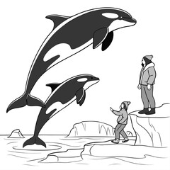 Orca jumping out of water with people on ice floe orcas © shahin9