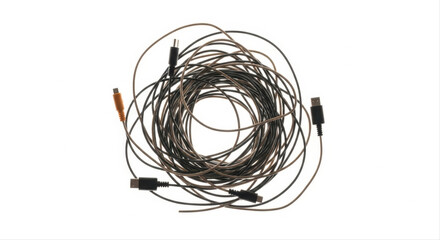 Tangled bundle of electronic cords isolated on a white background, showcasing a chaotic mix of cables intertwined in a circular formation