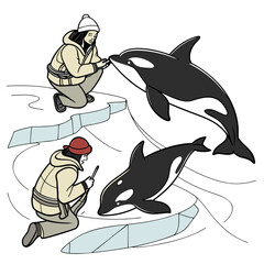 Researchers interacting with orcas on melting ice polar © shahin9