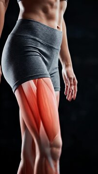 Anatomical View of Human Quadriceps Muscle Development in Athletic Female Leg During Fitness Training Exercise Focused on Muscle Fiber Detail