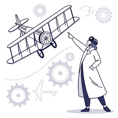 Inventor in lab coat pointing at flying biplane with gears © shahin9