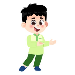 Muslim Boy Green Clothes Presenting Left Side View