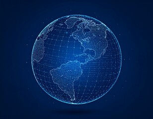 Fototapeta premium A digital blue globe with grid lines and dots on a dark blue background