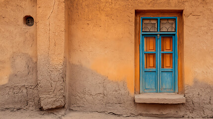 Fototapeta premium Blue Door in Rustic Orange Wall: Heritage Architectural Design for Exterior Home Decor and Mediterranean House Enthusiasts