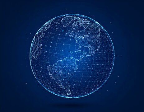 A digital blue globe with grid lines and dots on a dark blue background