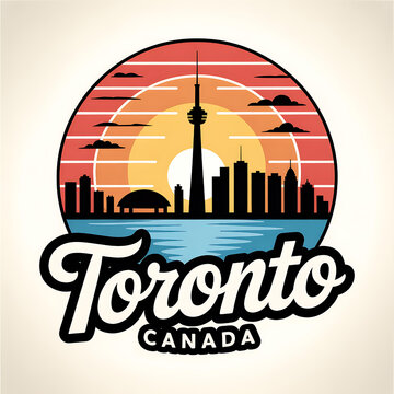 Toronto Skyline Illustration: Vintage CG Design of CN Tower at Sunset in Colorful Cityscape for Urban Tourism and Travel