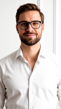 Smiling man in a white shirt holding his eyeglasses on a clean background