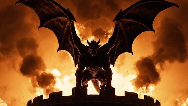 Giant demonic creature with wings against a fiery orange sky