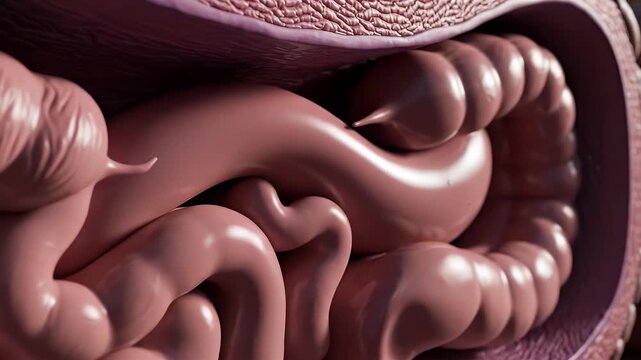 Close up 3d render of the human digestive system showing intestines and colon with detailed texture and realistic lighting