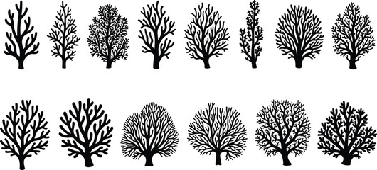 Black coral silhouettes collection isolated on white background, marine reef branches vector illustration set for ocean design elements © Sohagh's World