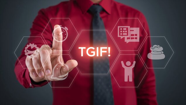 Workplace culture and employee satisfaction concept: Corporate professional touching a digital interface with TGIF, weekend, and celebration icons