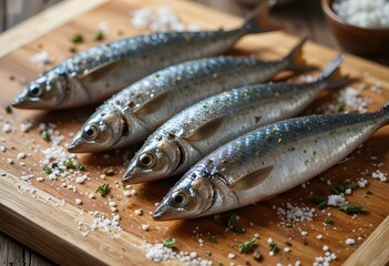 Freshly prepared sardines on a rustic wooden cutting board with herbs. sardinen