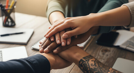 Obraz premium Diverse Group of Business Professionals Joining Hands in a Team Meeting.