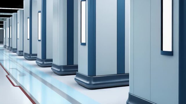 Rows of sleek, vertical server machines with glowing lights, depicting advanced technology infrastructure for digital data storage and cloud computing in a modern facility