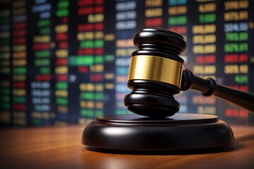 Gavel on a sound block with stock market ticker boards in blurred background for business and law concept JPG image