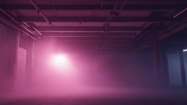 Empty industrial hall flooded with dramatic pink and purple smoke and misty light, creating a moody, futuristic, neon tinged warehouse atmosphere for cinematic backgrounds