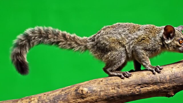 A small, furry bushbaby or galago with large eyes and a long bushy tail, perched on a tree branch against a vibrant green background.