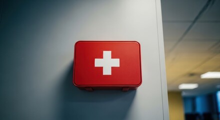 A red first aid kit with a white cross, mounted on a wall in an office setting